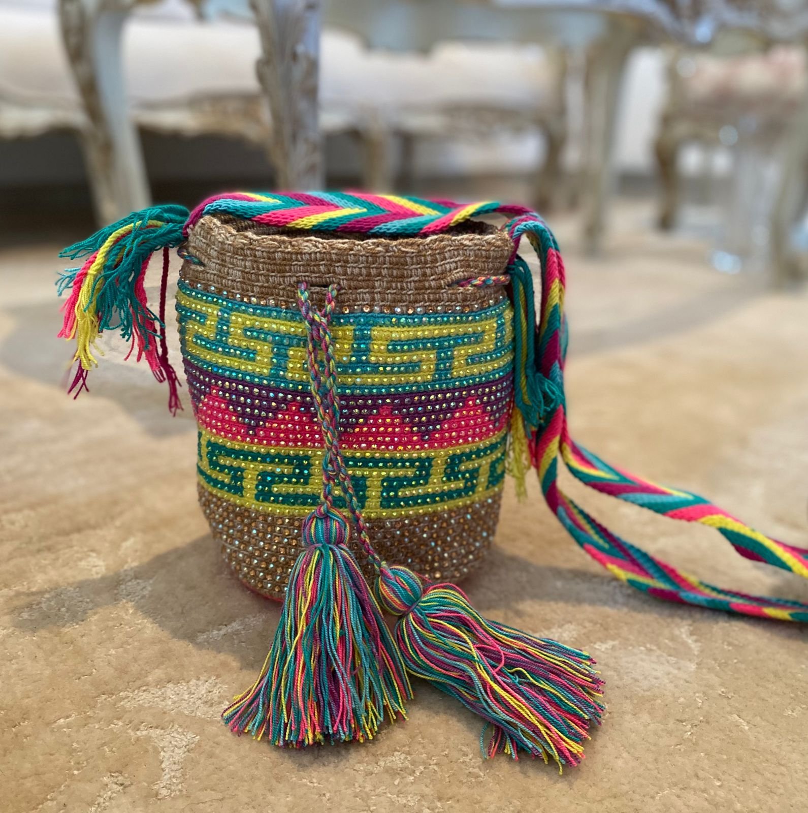 Artisanal ethnic Wayuu mochila bags.